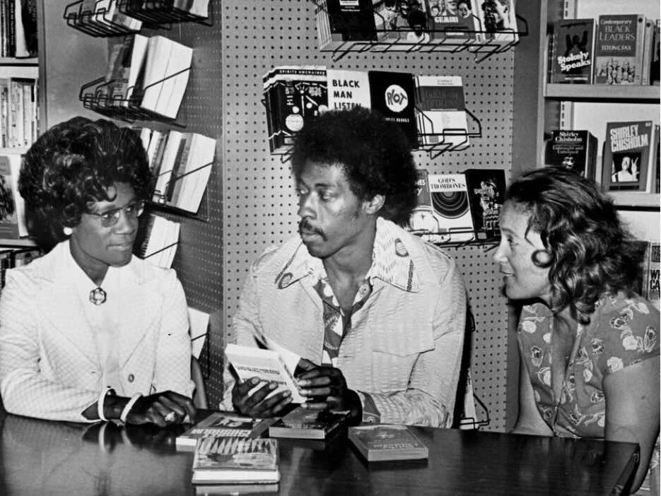 Congresswoman Shirley Chisholm, Center Director Tyrone Bryant and Library Director Helen Marshall at the Langston Hughes Community Library & Cultural Center in 1974. Photo courtesy of Queens Public Library