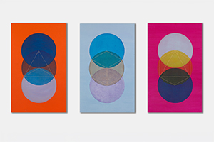 Three brightly colored, geometric paintings by Grace DeGennaro from her Platonic Solids Series