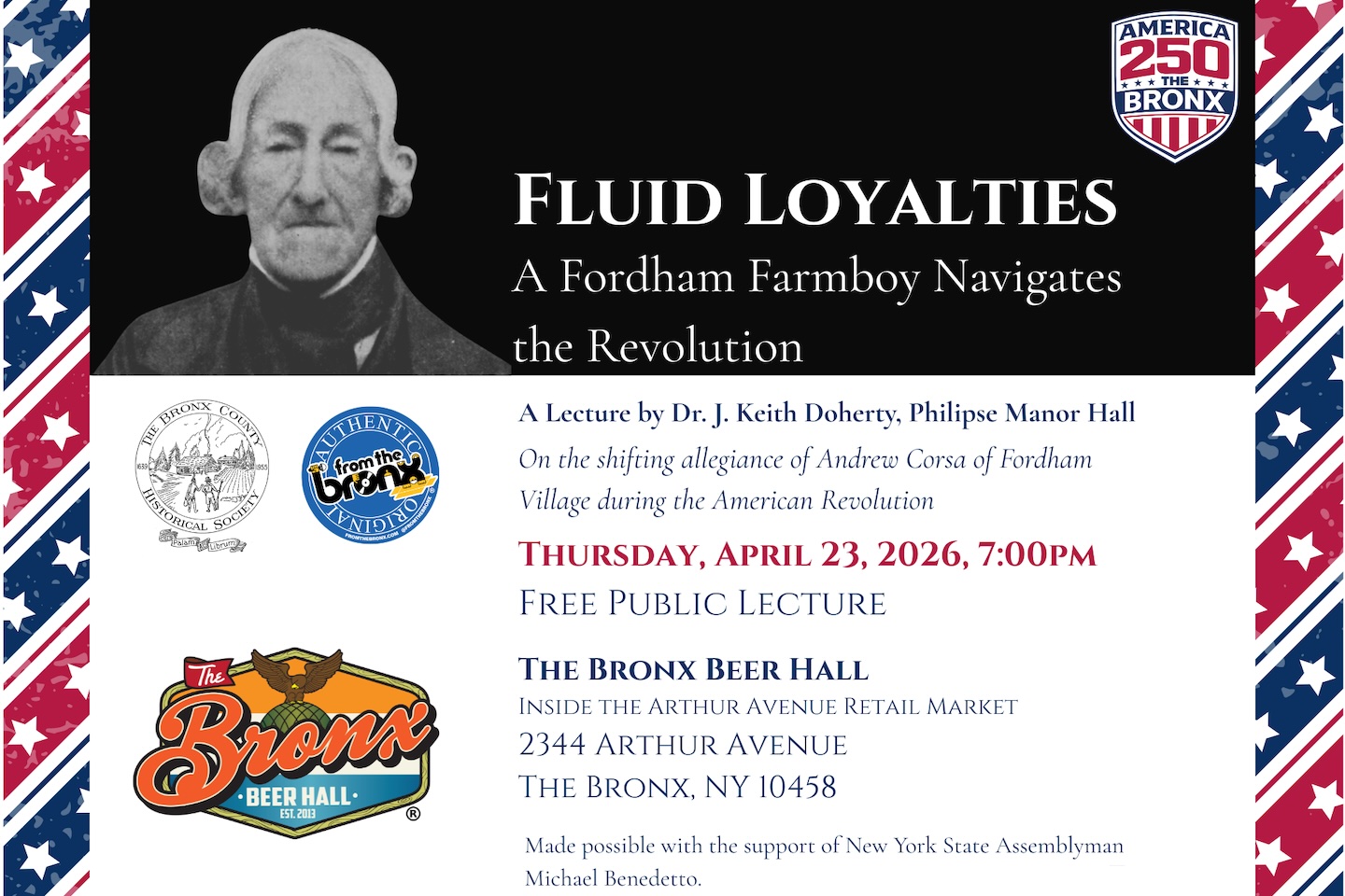 Graphic with Andrew Corsa and details for free public lecture