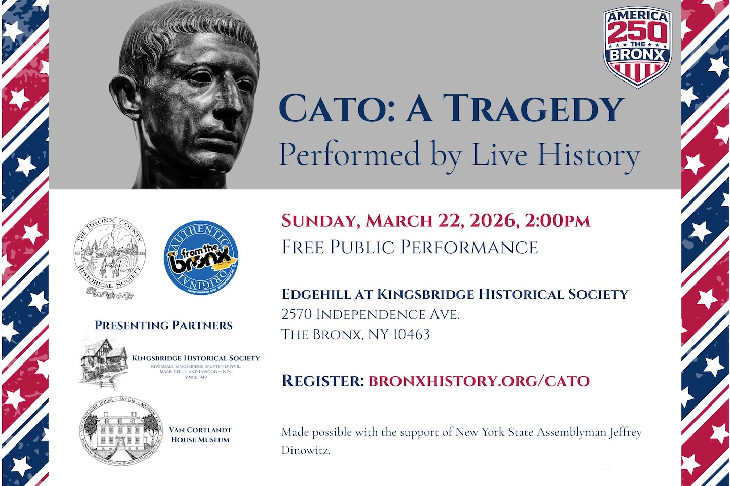Graphic showing statue bust of Cato and advertising details for performance of Cato: A Tragedy on March 22, 2026