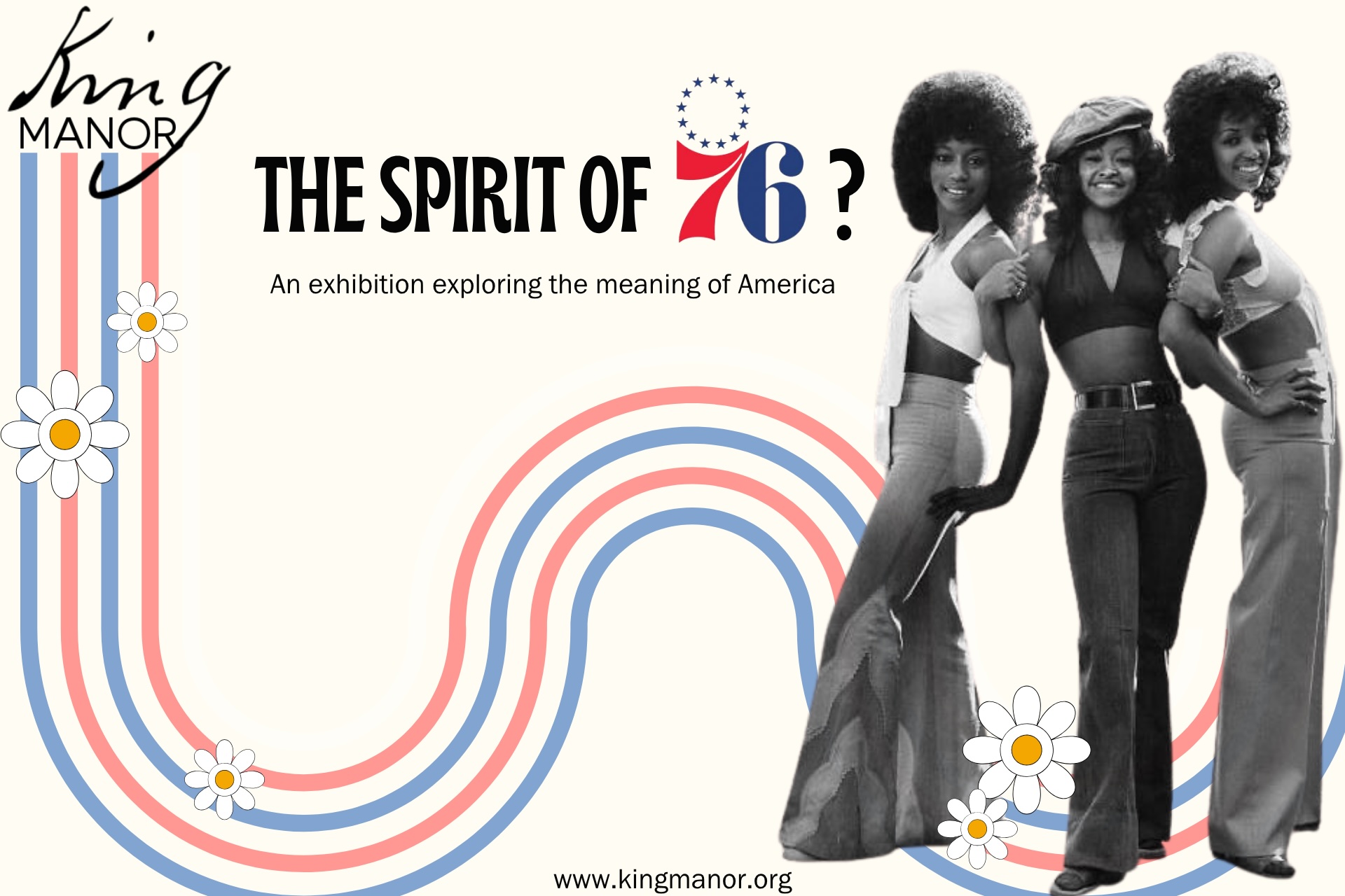 Banner with red white, blue graphic in a light yellow background featuring a black and white photo from the 1970s, a group of 3 young Black women with natural hair wearing stylish bell bottoms and smiling. There are also scattered 1970s daisy graphics.
