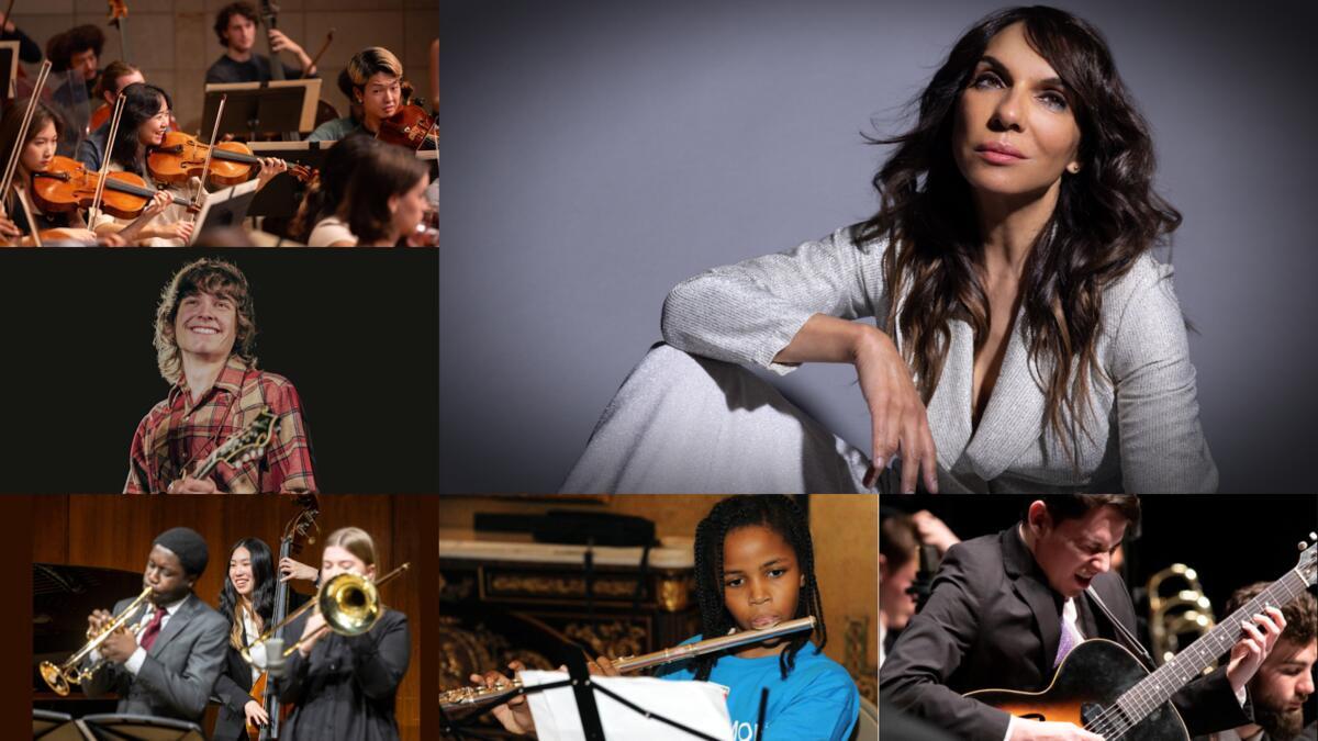 A collage of six photos of young artist and musicians performing.