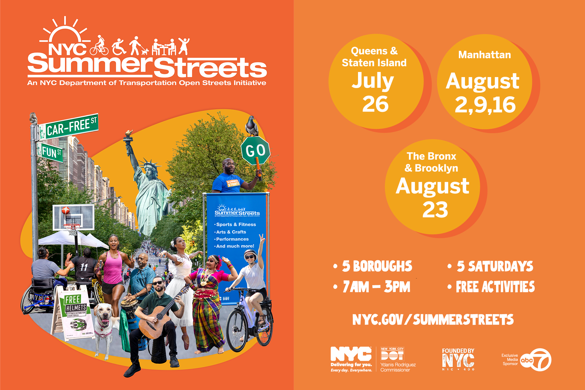 Orange image with the NYC Summer Streets logo and a montage of photos of people and pets enjoying free activities on a car-free street on a sunny summer day.