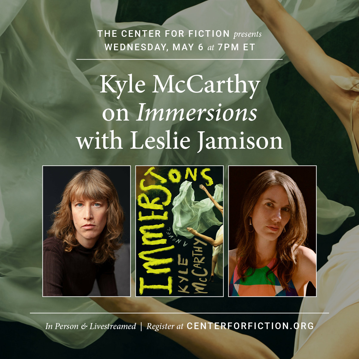 Event flyer for The Center for Fiction Presents Kyle McCarthy on Immersions with Leslie Jamison