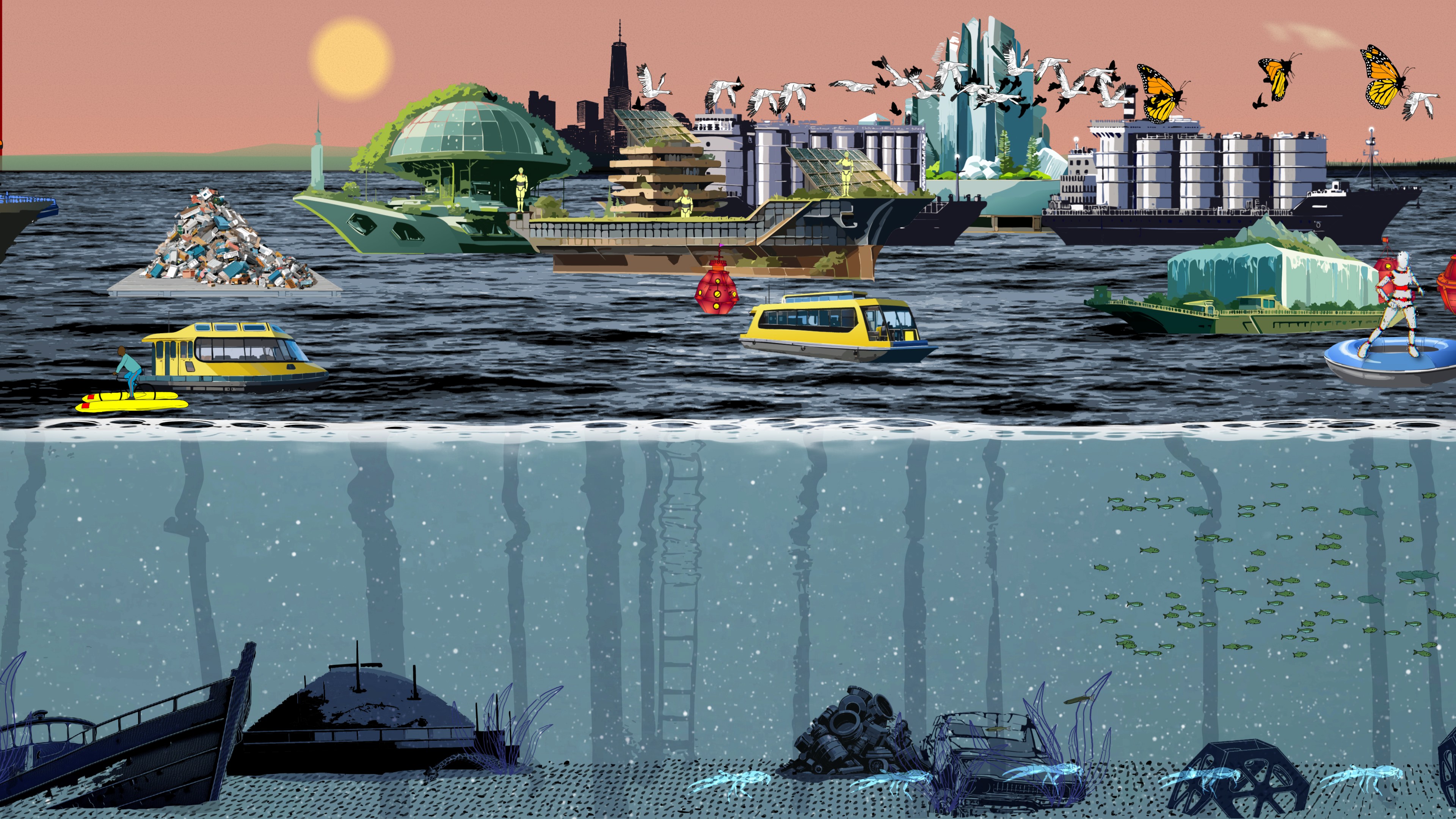 Still photo of a digital art work that shows a split screen art work depicting the Hudson River.